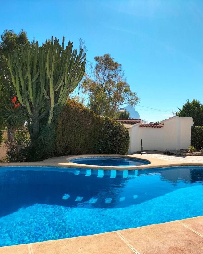 Piscina comunitaria del Bungalow Shangrila, con el cactus y los pinos del jardín