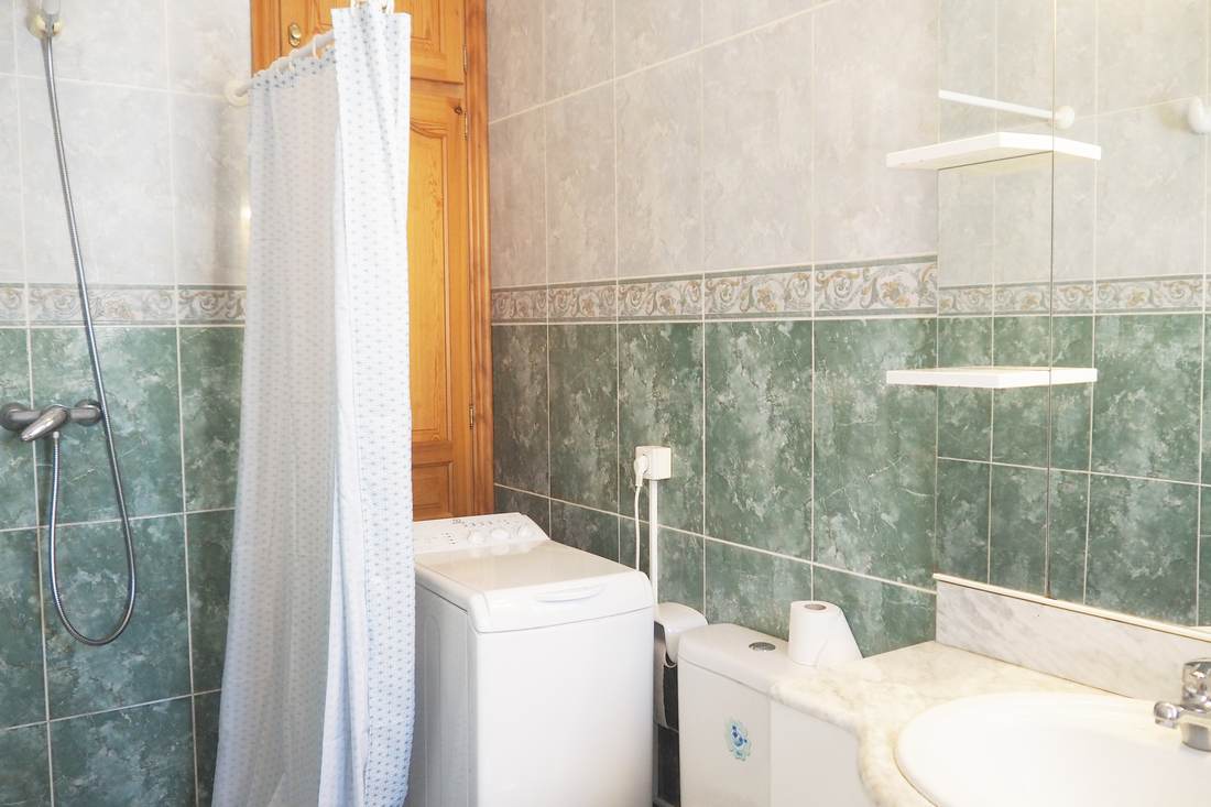Baño alicatado en verde con ducha