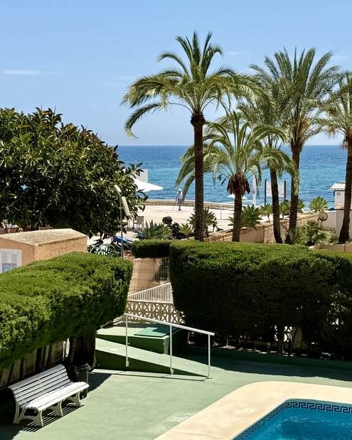 Palmeras y piscina del edificio de Sorolla, con la playa al fondo