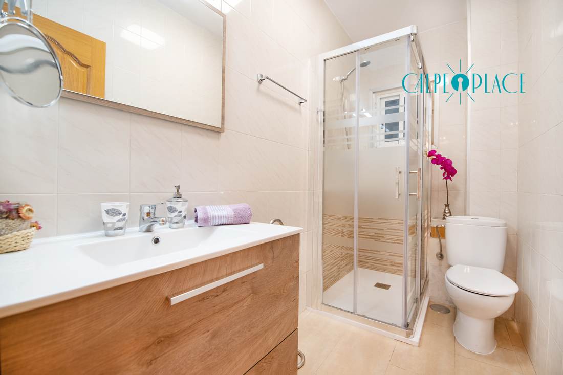 Baño completo con lavabo, cabina de ducha e inodoro